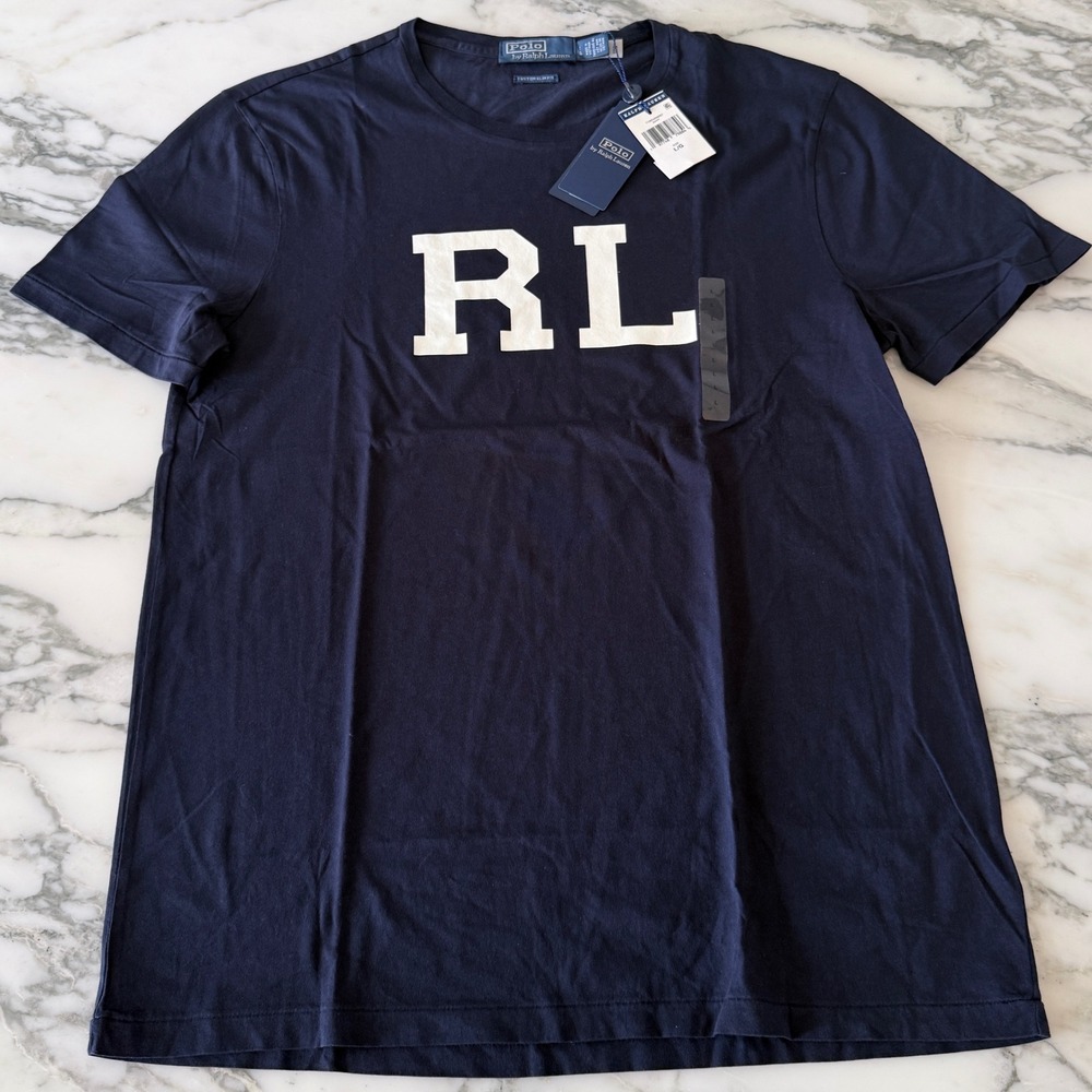 Polo Ralph Lauren Mens Custom Slim Fit RL Logo Graphic T-Shirt Navy Blue L NWT